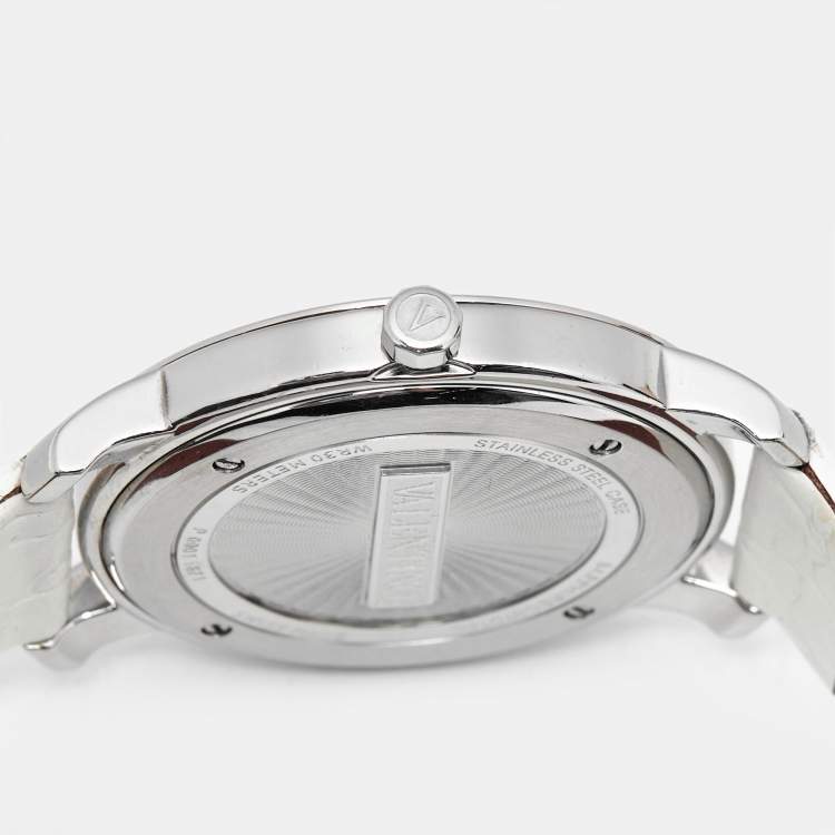 Pre Owned Valentino Histoire Metallic Grey Dial Stainless Steel Enamel Embossed Leather Women's Wristwatch 37 mm