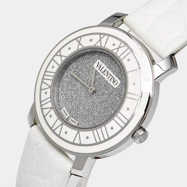 Pre Owned Valentino Histoire Metallic Grey Dial Stainless Steel Enamel Embossed Leather Women's Wristwatch 37 mm