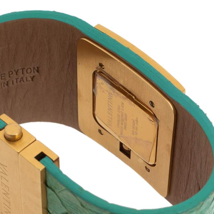 Pre Owned Valentino Aqua Green Gold Tone Stainless Steel Swarovski Crystal Python Leather Women's Wristwatch 39 mm