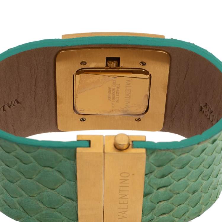Pre Owned Valentino Aqua Green Gold Tone Stainless Steel Swarovski Crystal Python Leather Women's Wristwatch 39 mm