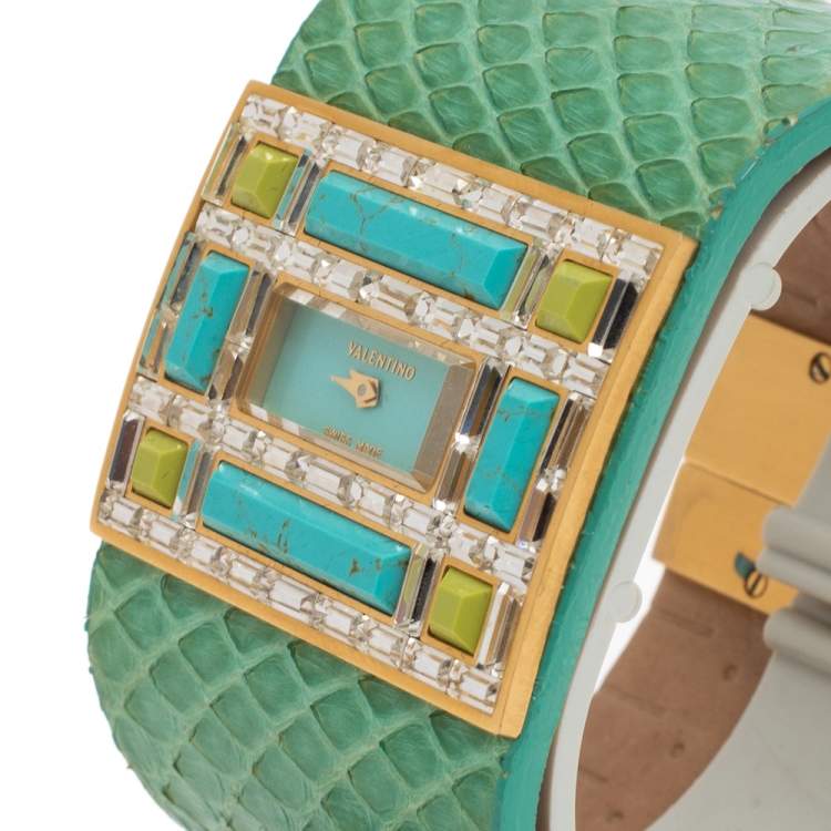 Pre Owned Valentino Aqua Green Gold Tone Stainless Steel Swarovski Crystal Python Leather Women's Wristwatch 39 mm