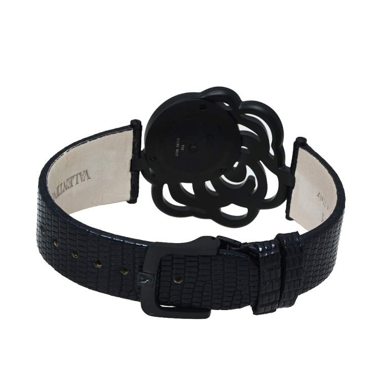 مملوكة مسبقًا Valentino Black PVD Coated Stainless Steel Lizard Skin Leather Rosier Baselworld V55 Women's Wristwatch 25 mm