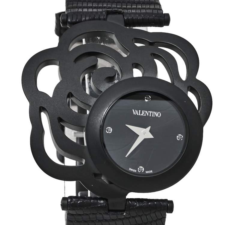 مملوكة مسبقًا Valentino Black PVD Coated Stainless Steel Lizard Skin Leather Rosier Baselworld V55 Women's Wristwatch 25 mm