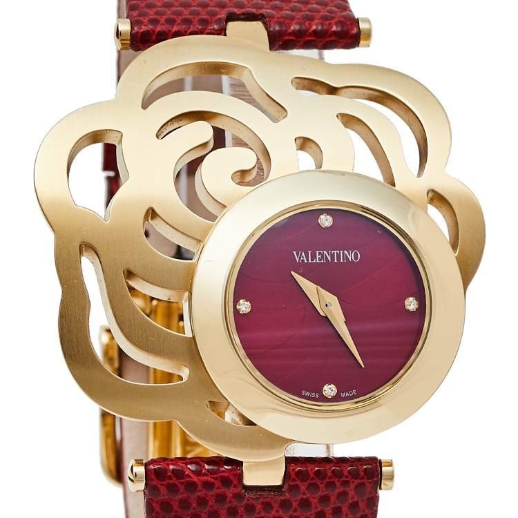 Pre Owned Valentino Red Yellow Gold Tone Stainless Steel Rosier Baselworld V55 Women's Wristwatch 25 mm