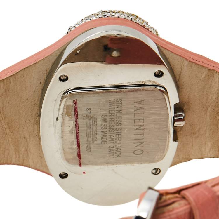 Pre Owned Valentino White Stainless Steel Ostrich Leather Oval V 8751120555 Women's Wristwatch 45 mm
