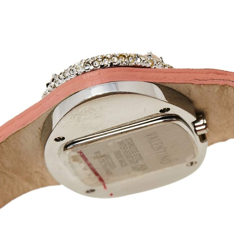 Pre Owned Valentino White Stainless Steel Ostrich Leather Oval V 8751120555 Women's Wristwatch 45 mm