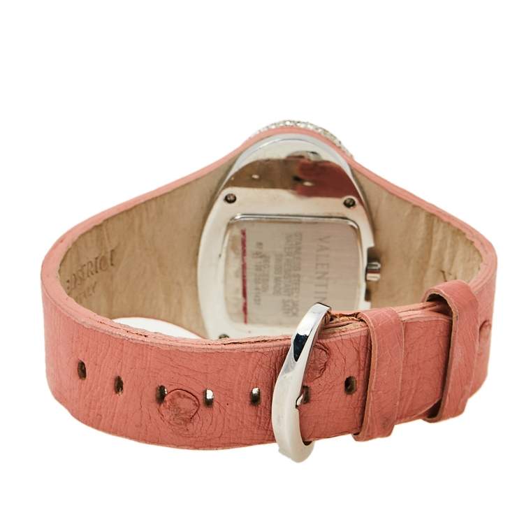 Pre Owned Valentino White Stainless Steel Ostrich Leather Oval V 8751120555 Women's Wristwatch 45 mm