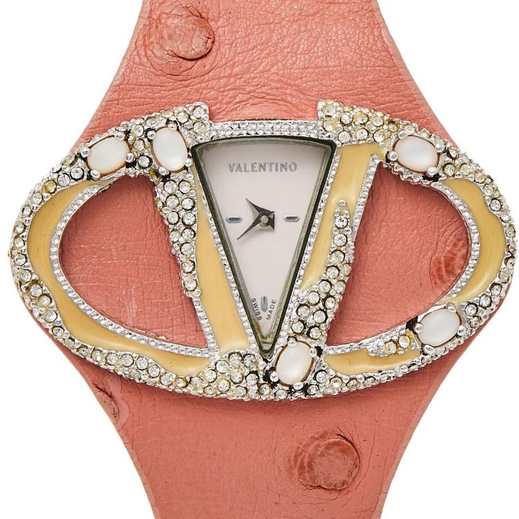 Pre Owned Valentino White Stainless Steel Ostrich Leather Oval V 8751120555 Women's Wristwatch 45 mm