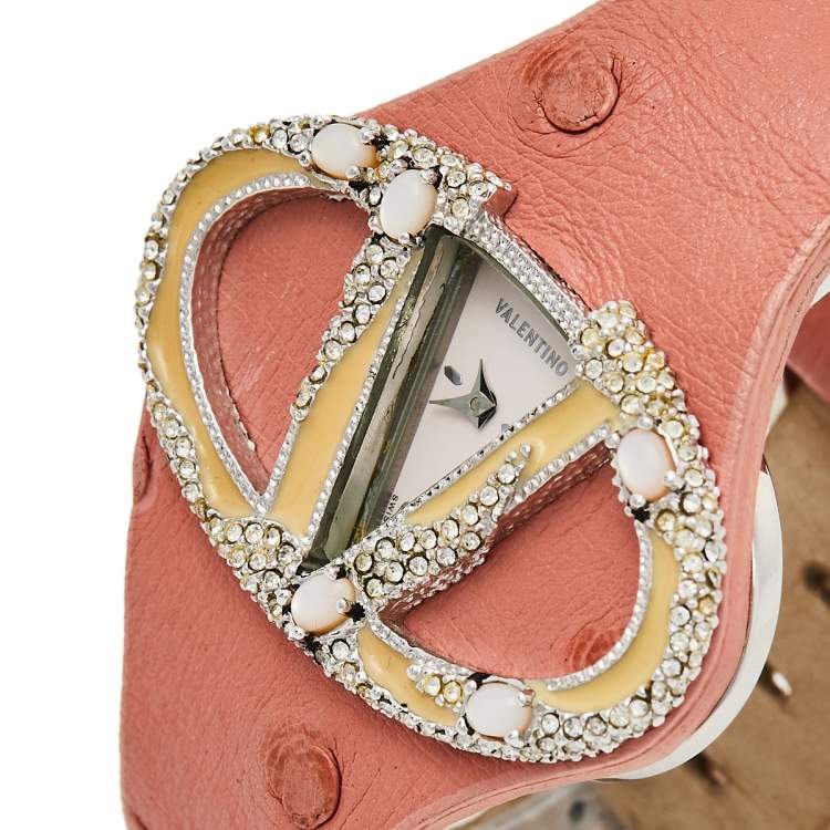 Pre Owned Valentino White Stainless Steel Ostrich Leather Oval V 8751120555 Women's Wristwatch 45 mm