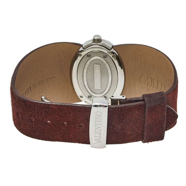 Pre Owned Valentino Burgundy Stainless Steel & Leather Signature Women's Wristwatch 36 mm