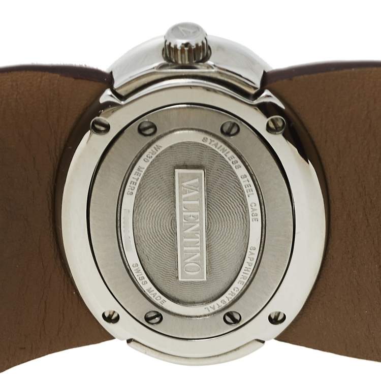 Pre Owned Valentino Burgundy Stainless Steel & Leather Signature Women's Wristwatch 36 mm