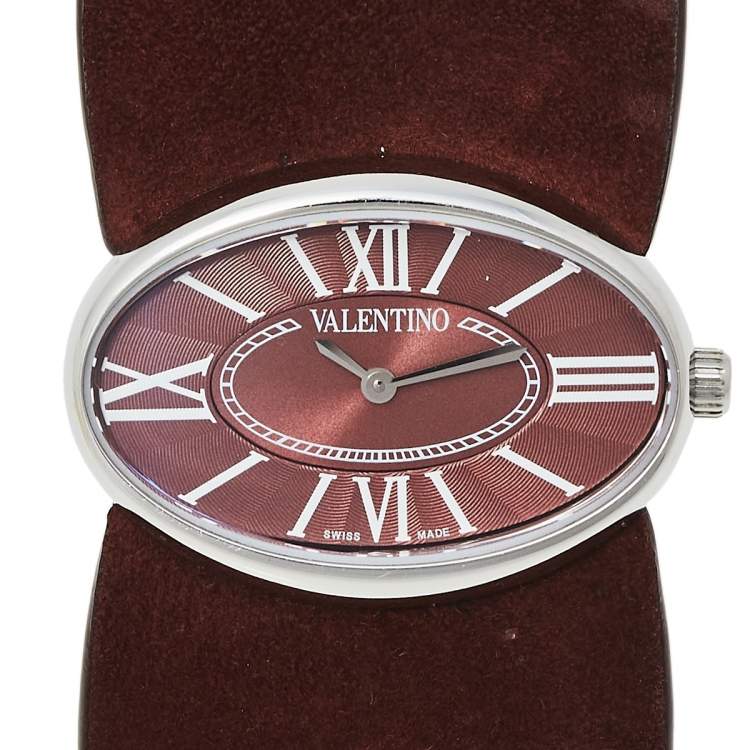 Pre Owned Valentino Burgundy Stainless Steel & Leather Signature Women's Wristwatch 36 mm
