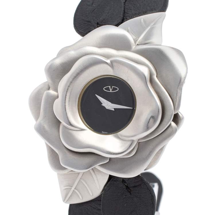 Pre Owned Valentino Black Stainless Steel Flower Motif Leather 87 51 270 025 Women's Wristwatch 45 mm