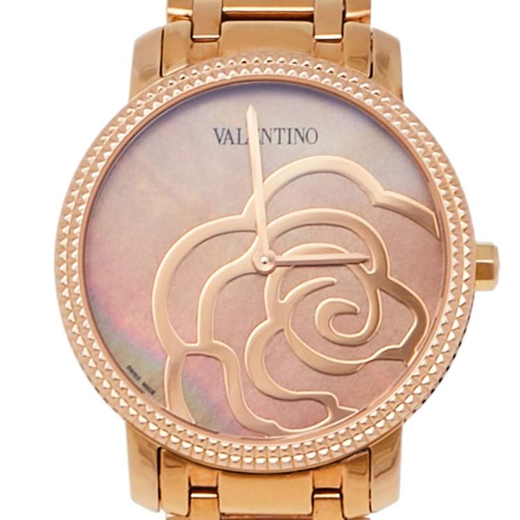 Pre Owned Valentino Mother of Pearl Rose Gold Plated Stainless Steel V56 Women's Wristwatch 36 mm