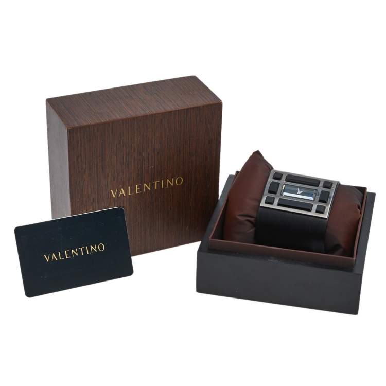 Pre Owned Valentino Black PVD Coated Stainless Steel Leather Fascia 87.51.100.025 Women's Wristwatch 53 mm