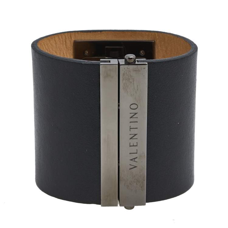 Pre Owned Valentino Black PVD Coated Stainless Steel Leather Fascia 87.51.100.025 Women's Wristwatch 53 mm