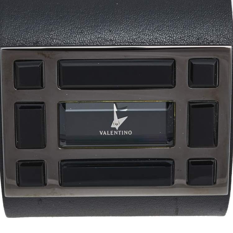 Pre Owned Valentino Black PVD Coated Stainless Steel Leather Fascia 87.51.100.025 Women's Wristwatch 53 mm