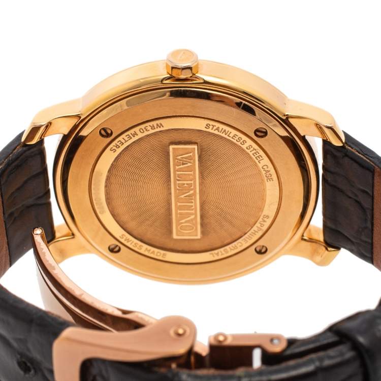 Pre Owned Valentino Metallic Black Rose Gold Plated Stainless Steel Leather Histoire Women's Wristwatch 37 mm
