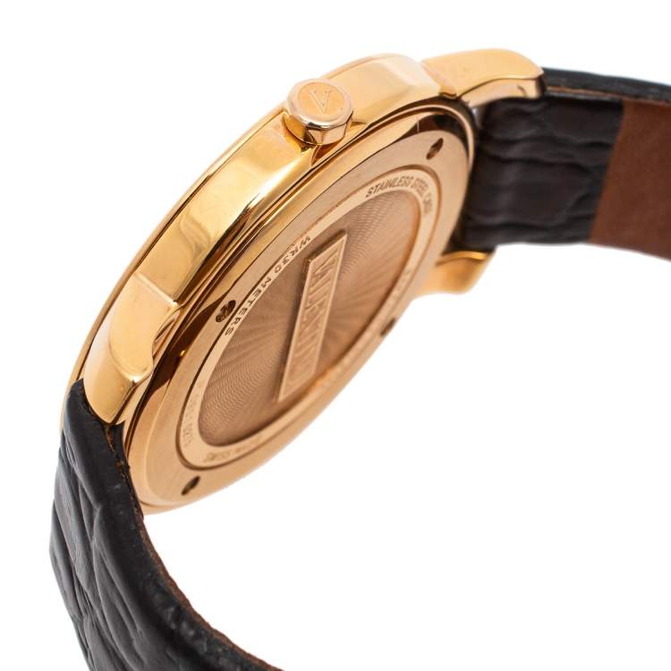 Pre Owned Valentino Metallic Black Rose Gold Plated Stainless Steel Leather Histoire Women's Wristwatch 37 mm