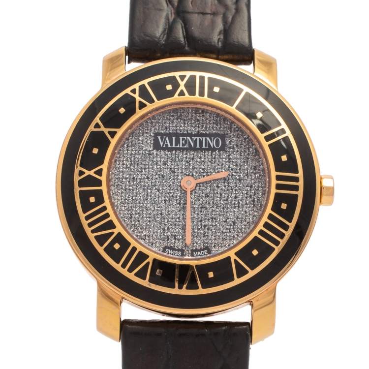Pre Owned Valentino Metallic Black Rose Gold Plated Stainless Steel Leather Histoire Women's Wristwatch 37 mm