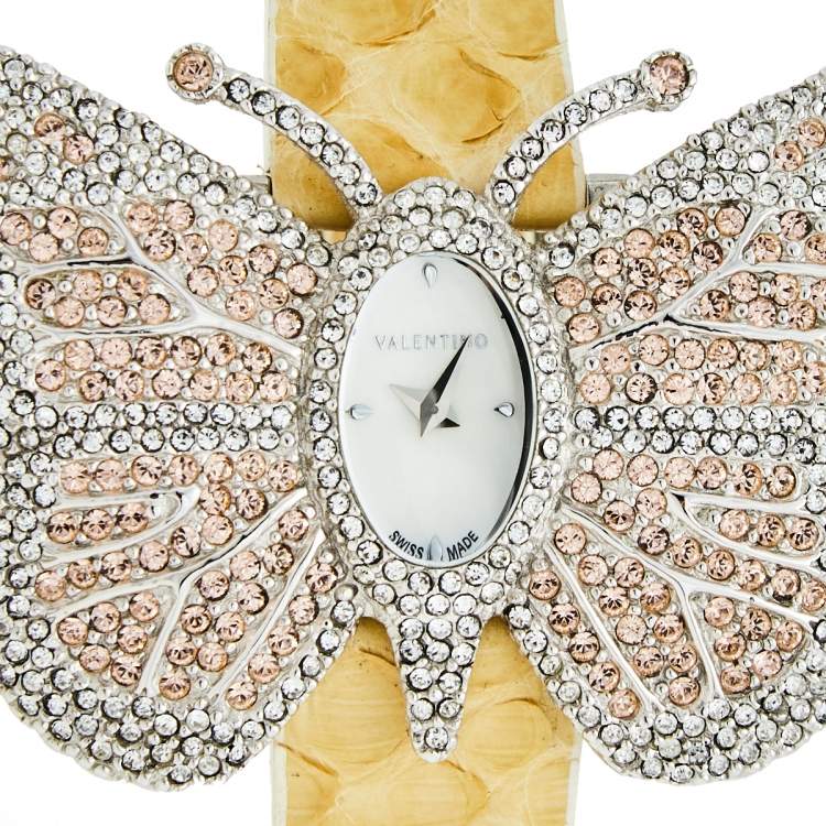 Pre Owned Valentino Mother of Pearl Stainless Steel Python 8751285015 Women's Wristwatch 46 mm