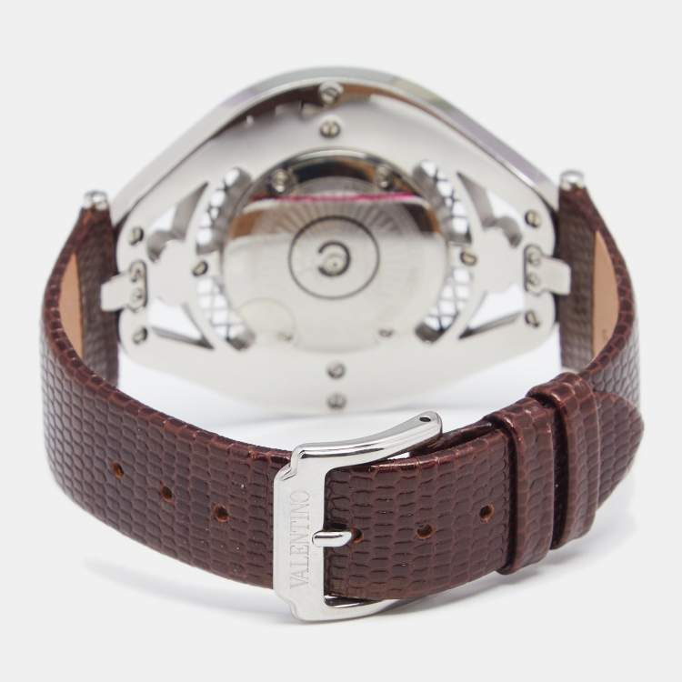 Pre Owned Valentino White Two Tone Stainless Steel Leather  Classic V58 Women's Wristwatch 42 mm