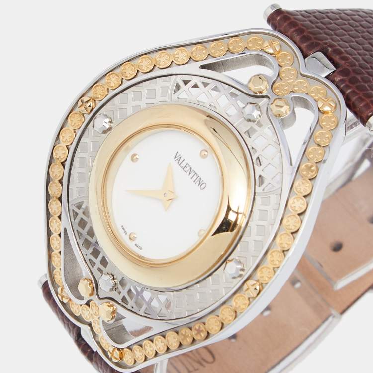 Pre Owned Valentino White Two Tone Stainless Steel Leather  Classic V58 Women's Wristwatch 42 mm