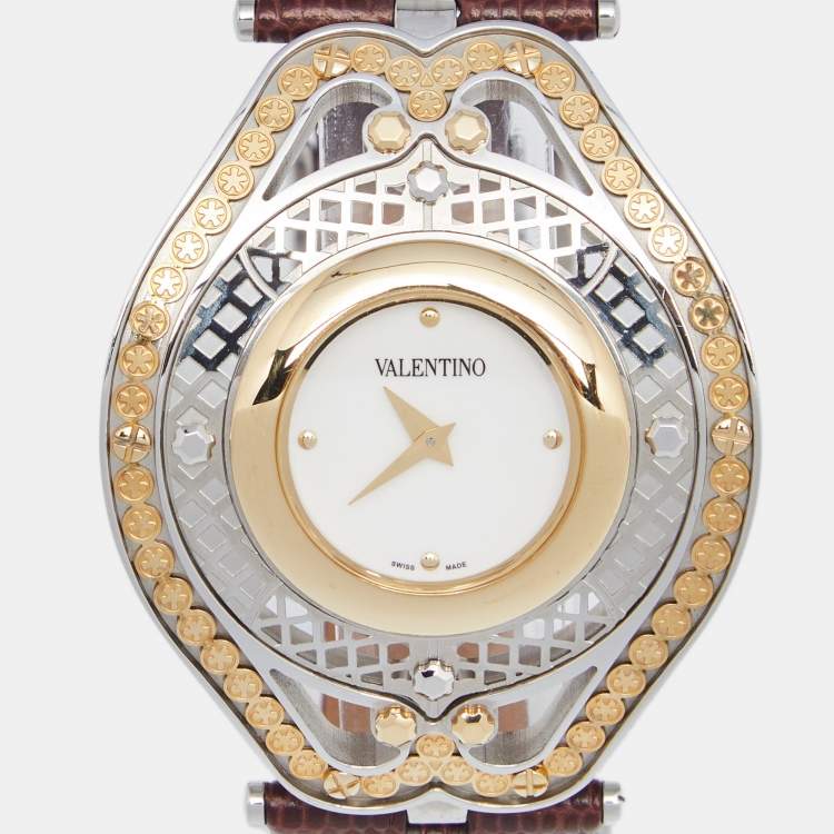 Pre Owned Valentino White Two Tone Stainless Steel Leather  Classic V58 Women's Wristwatch 42 mm