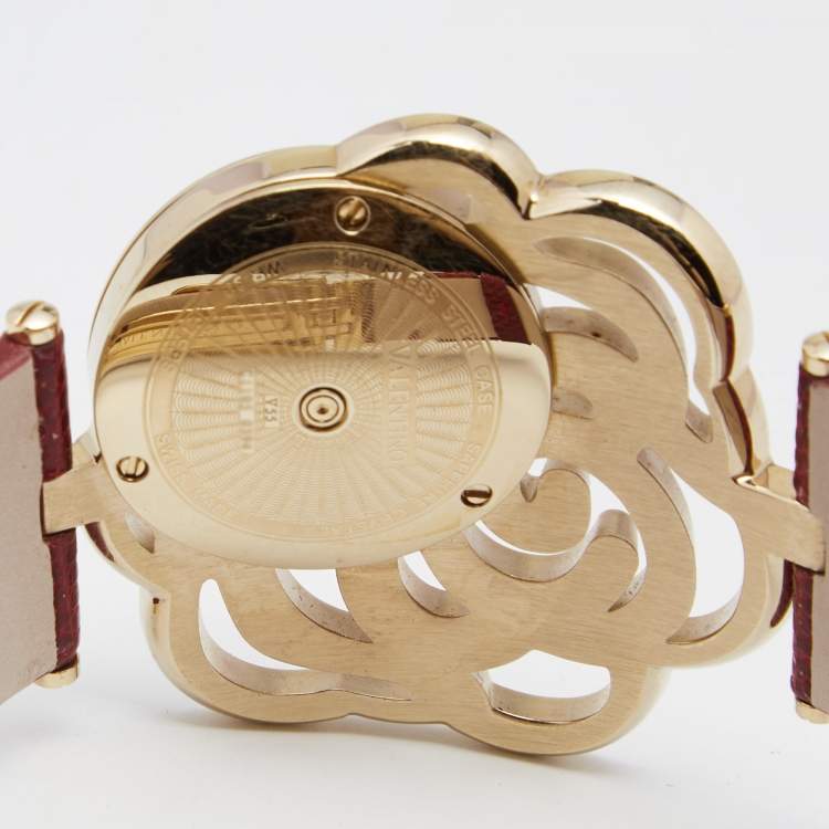 Pre Owned Valentino Red Gold Plated Stainless Steel Lizard Skin Leather Rosier Baselworld V55 Women's Wristwatch 25 mm