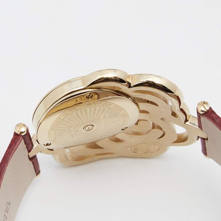 Pre Owned Valentino Red Gold Plated Stainless Steel Lizard Skin Leather Rosier Baselworld V55 Women's Wristwatch 25 mm