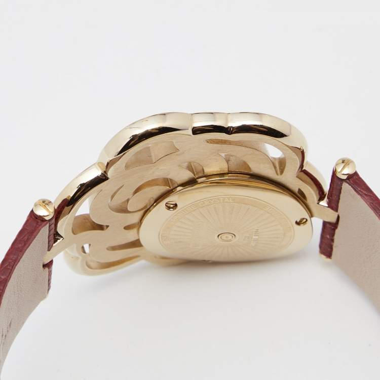 Pre Owned Valentino Red Gold Plated Stainless Steel Lizard Skin Leather Rosier Baselworld V55 Women's Wristwatch 25 mm