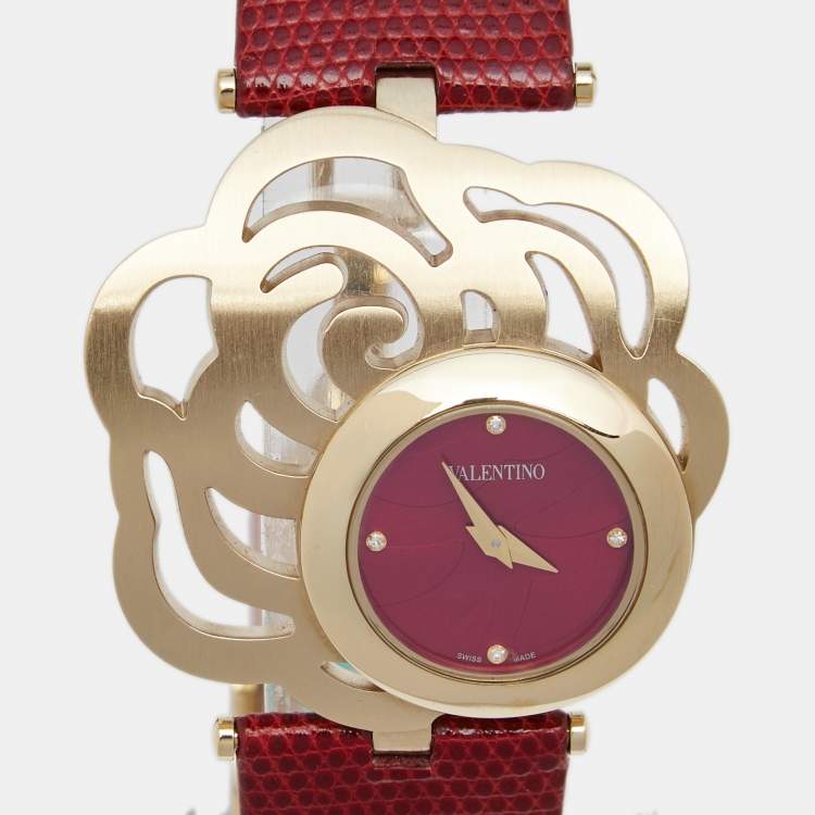 Pre Owned Valentino Red Gold Plated Stainless Steel Lizard Skin Leather Rosier Baselworld V55 Women's Wristwatch 25 mm