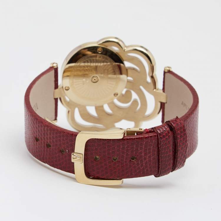 Pre Owned Valentino Red Gold Plated Stainless Steel Lizard Skin Leather Rosier Baselworld V55 Women's Wristwatch 25 mm
