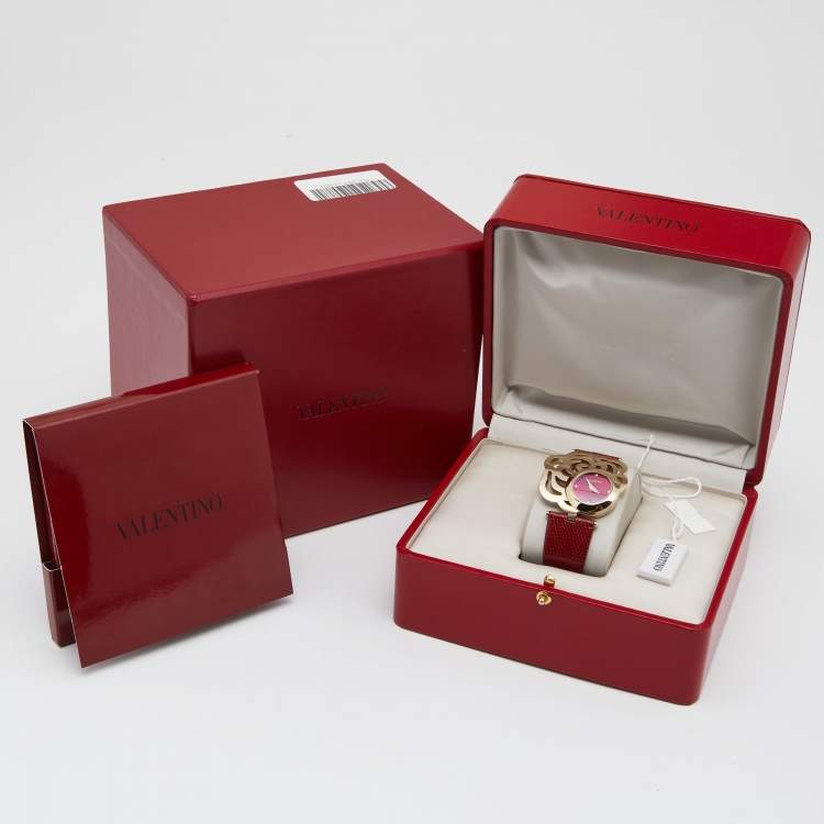 Pre Owned Valentino Red Gold Plated Stainless Steel Lizard Skin Leather Rosier Baselworld V55 Women's Wristwatch 25 mm