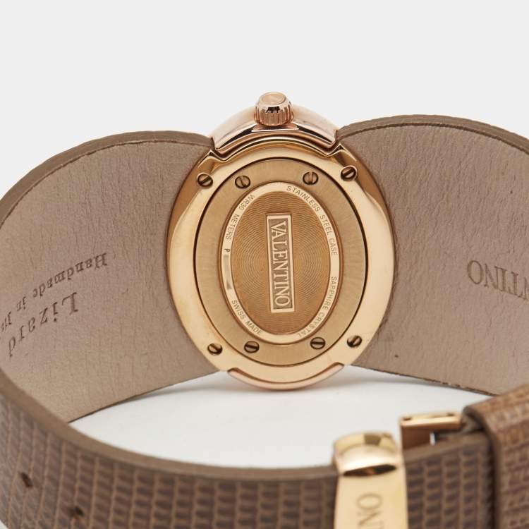 Pre Owned Valentino Silver Rose Gold Plated Stainless Steel Lizard Leather Seduction Women's Wristwatch 36 mm