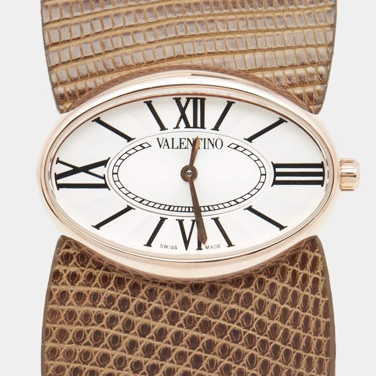 Pre Owned Valentino Silver Rose Gold Plated Stainless Steel Lizard Leather Seduction Women's Wristwatch 36 mm