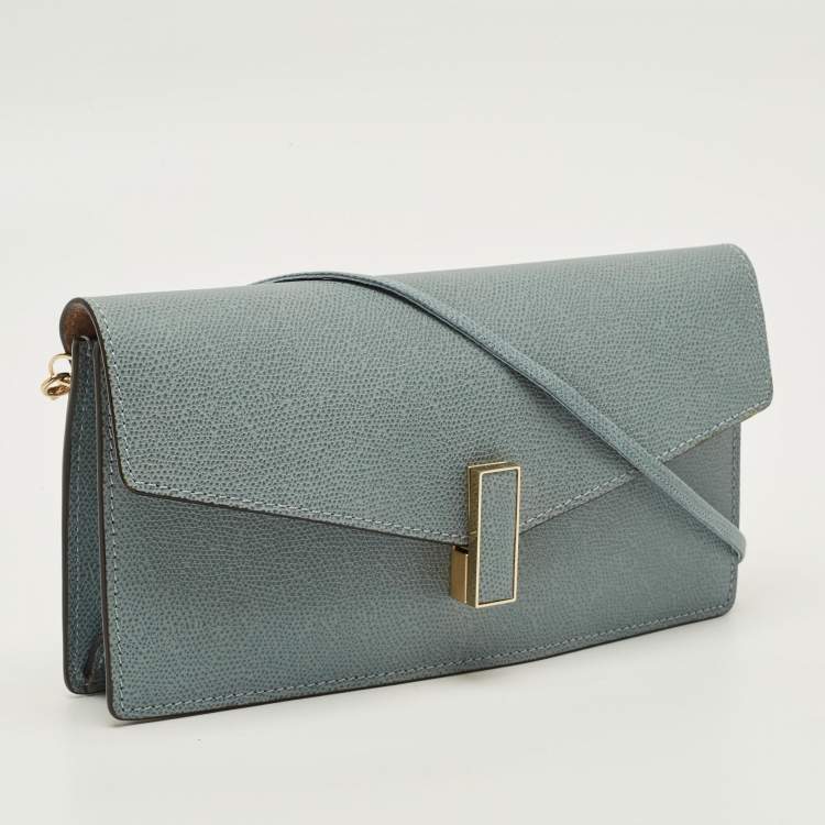 Pre Owned Valextra Iside Light Textured Blue Leather Strap Clutch