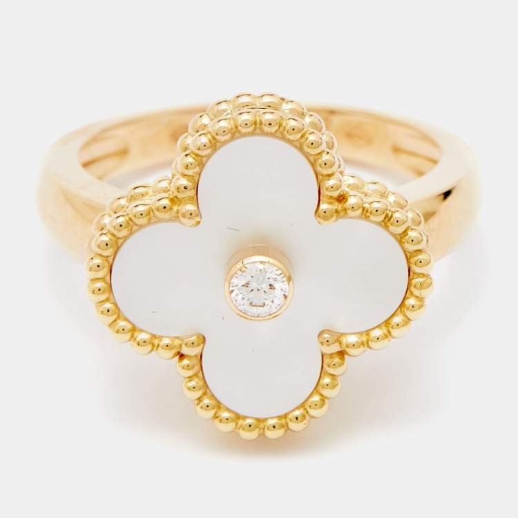 Pre Owned Van Cleef & Arpels Vintage Alhambra  Mother of Pearl Diamond 18k Yellow Gold Ring Size 50