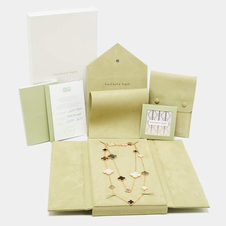 Pre Owned Van Cleef & Arpels Magic Alhambra Mother of Pearl Onyx 18k Yellow Gold Station Necklace