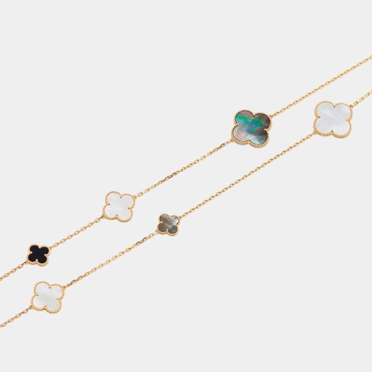 Pre Owned Van Cleef & Arpels Magic Alhambra Mother of Pearl Onyx 18k Yellow Gold Station Necklace