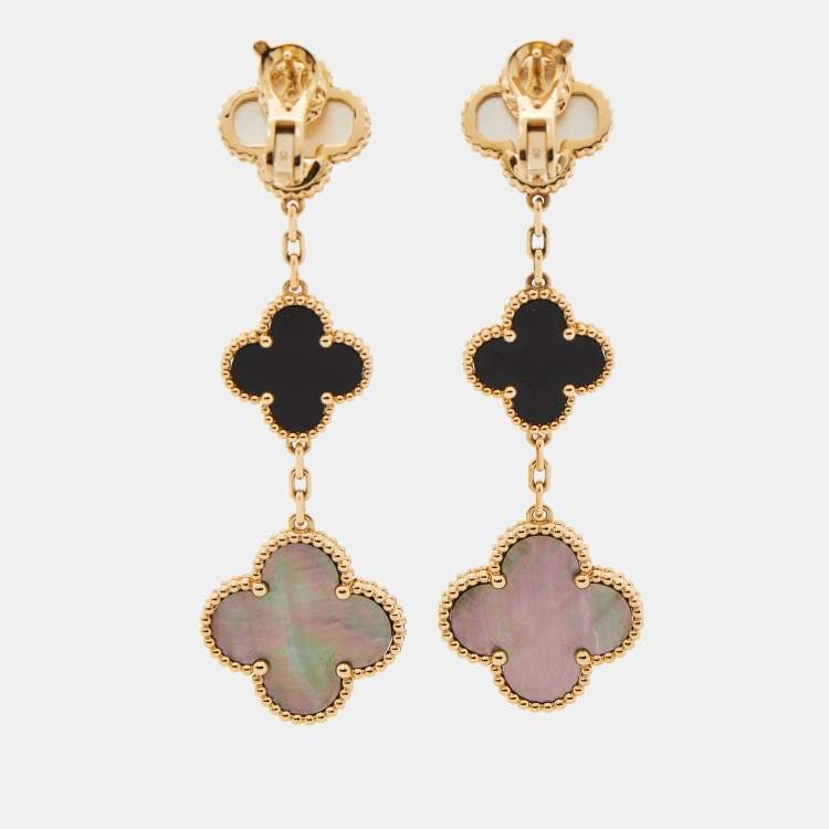 Pre Owned Van Cleef & Arpels Magic Alhambra Mother of Pearl Onyx 18k Yellow Gold Earrings