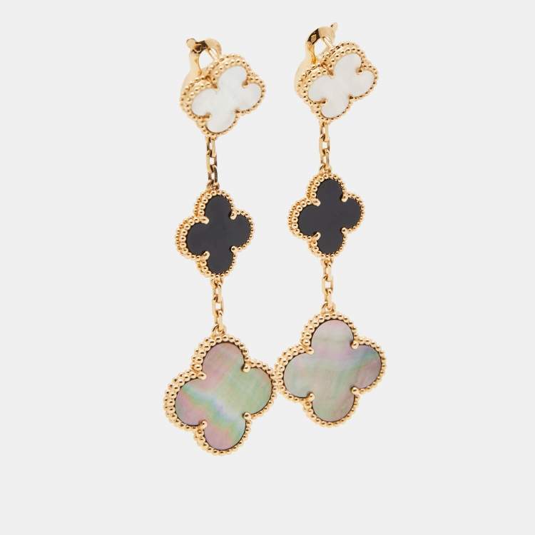 Pre Owned Van Cleef & Arpels Magic Alhambra Mother of Pearl Onyx 18k Yellow Gold Earrings