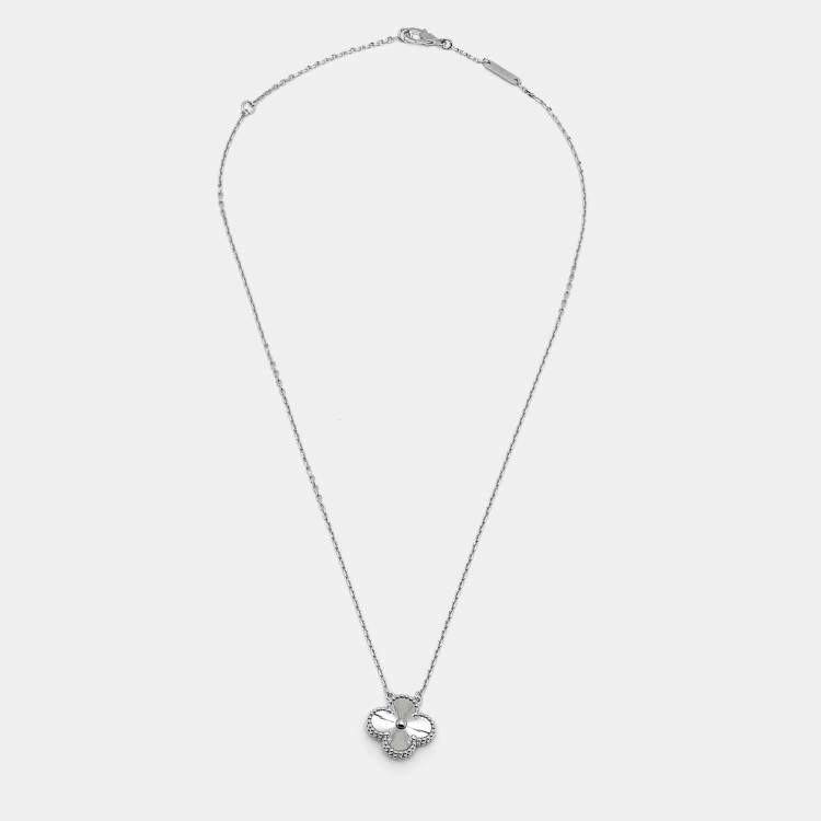 Pre Owned Van Cleef & Arpels Vintage Alhambra Guilloché Rhodium Plated 18K White Gold Pendant Necklace