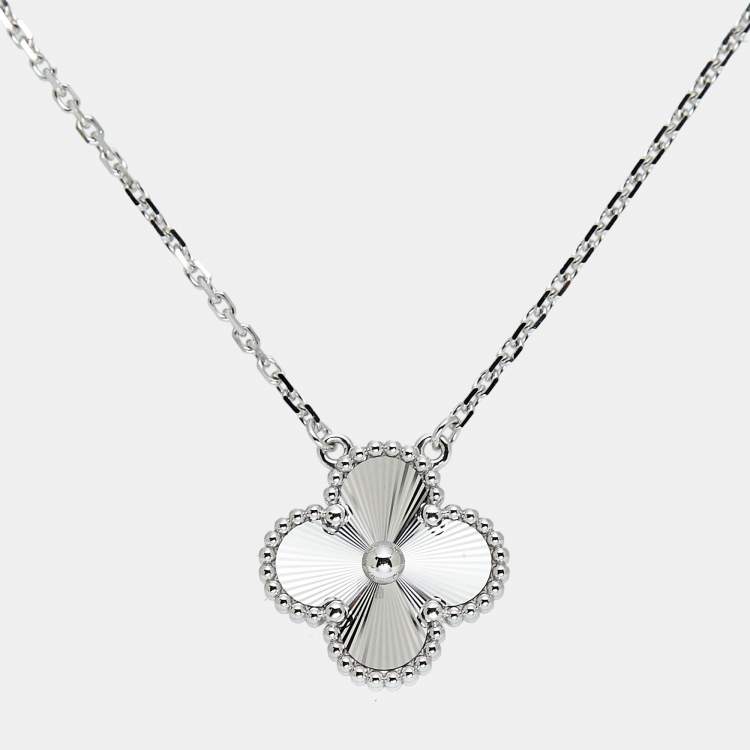 Pre Owned Van Cleef & Arpels Vintage Alhambra Guilloché Rhodium Plated 18K White Gold Pendant Necklace