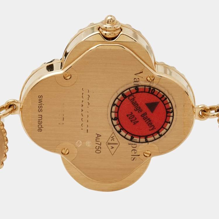 Pre Owned Van Cleef & Arpels Mother Of Pearl Onyx 18K Yellow Gold Small Model Alhambra VCARO40P00 Women's Wristwatch 26 mm
