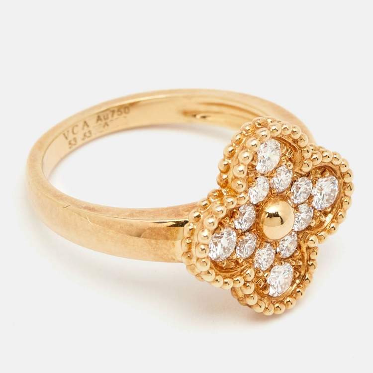 Pre Owned Van Cleef & Arpels Vintage Alhambra Diamonds 18k Yellow Gold Ring Size 53