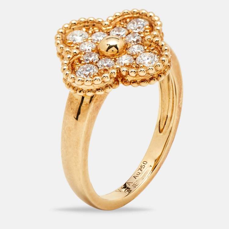 Pre Owned Van Cleef & Arpels Vintage Alhambra Diamonds 18k Yellow Gold Ring Size 53