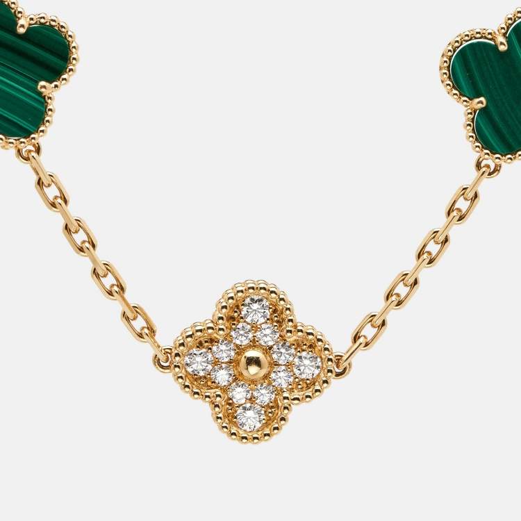 Pre Owned Van Cleef & Arpels Vintage Alhambra Malachite Diamond 18K Yellow Gold Bracelet