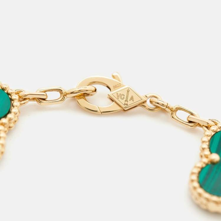 Pre Owned Van Cleef & Arpels Vintage Alhambra Malachite Diamond 18K Yellow Gold Bracelet