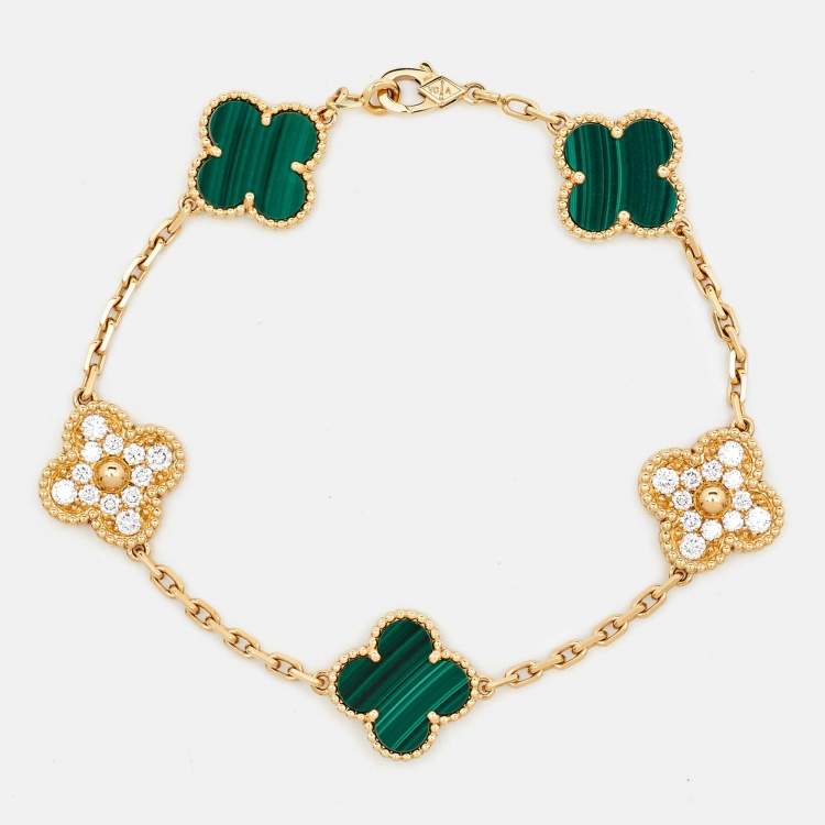 Pre Owned Van Cleef & Arpels Vintage Alhambra Malachite Diamond 18K Yellow Gold Bracelet